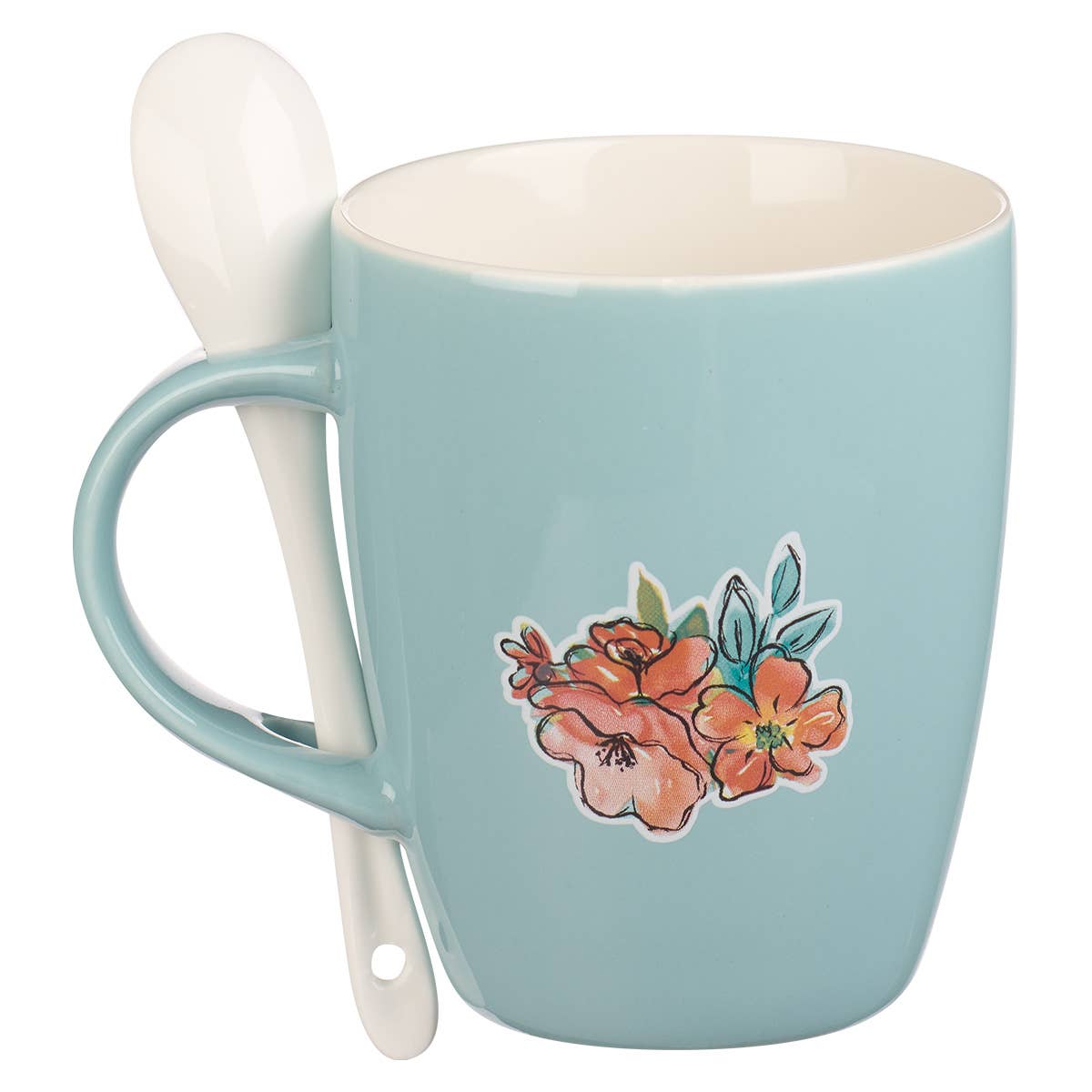 Bless You and Keep You Teal Ceramic Coffee Mug with Spoon -