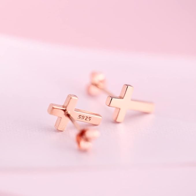 Cross Stud Earrings-Sterling Silver-Rose Gold