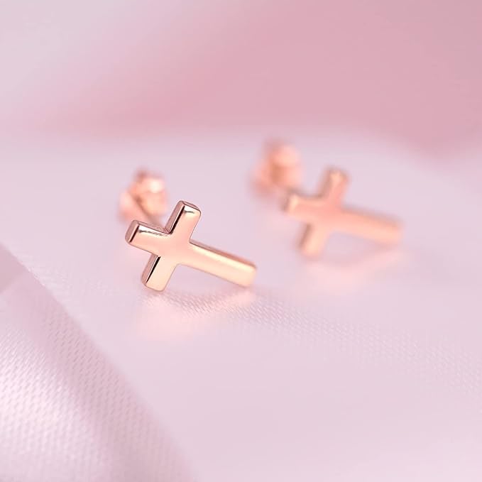 Cross Stud Earrings-Sterling Silver-Rose Gold