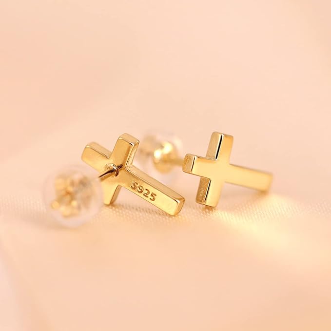 Cross Stud Earrings-Sterling Silver-Gold