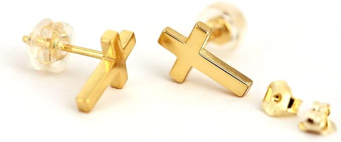 Cross Stud Earrings-Sterling Silver-Gold