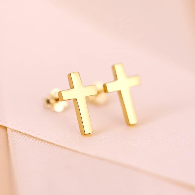 Cross Stud Earrings-Sterling Silver-Gold