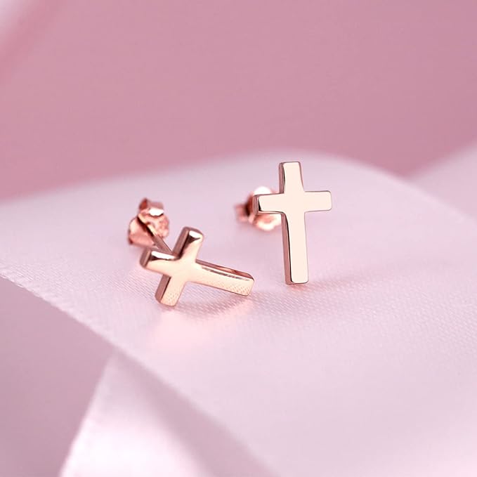 Cross Stud Earrings-Sterling Silver-Rose Gold