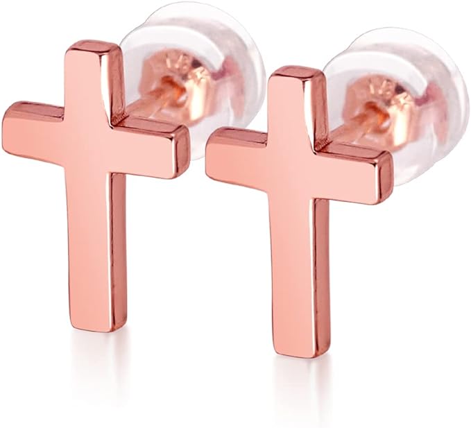 Cross Stud Earrings-Sterling Silver-Rose Gold