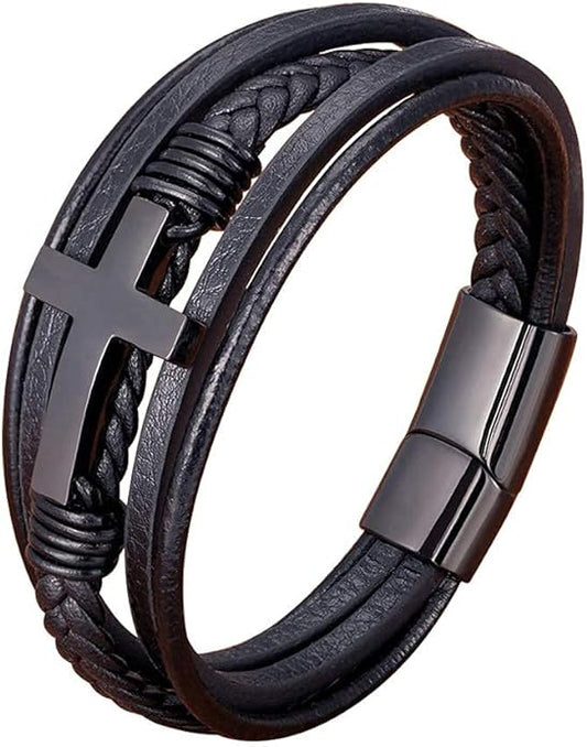 Men's Cross Multi-Layer Braided Leather Bracelet