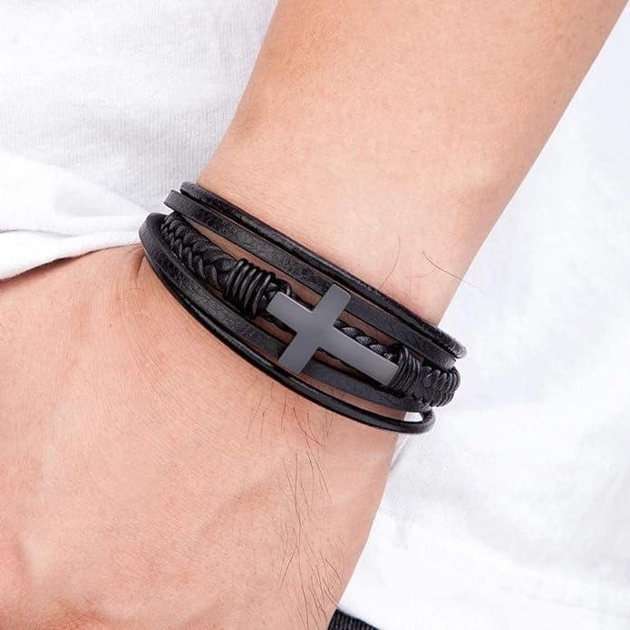 Men's Cross Multi-Layer Braided Leather Bracelet