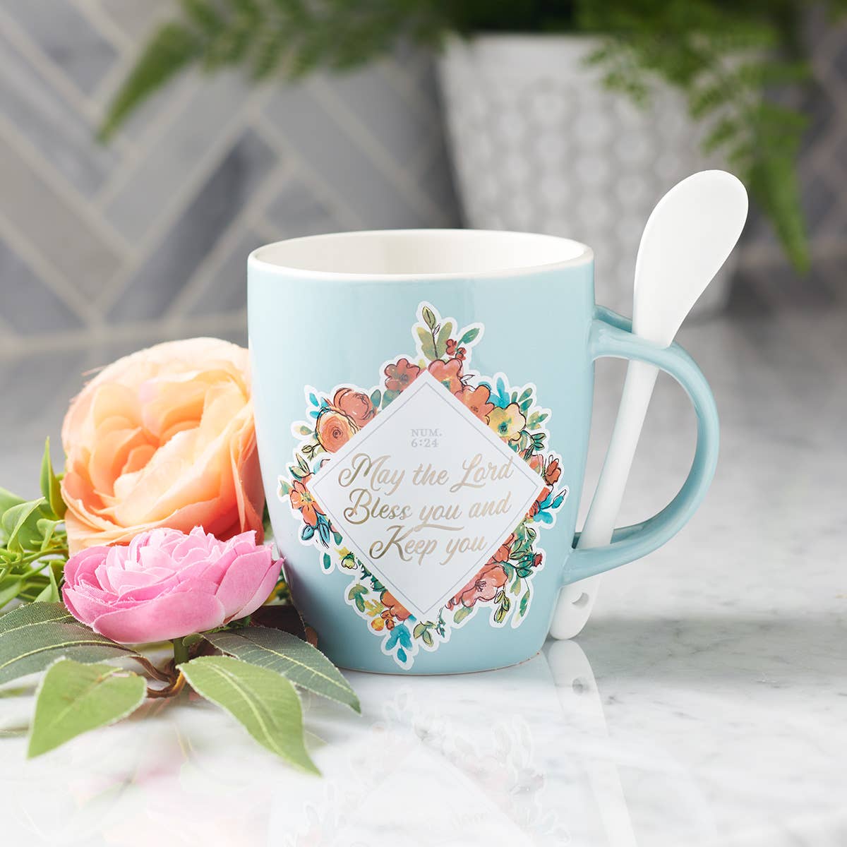 Bless You and Keep You Teal Ceramic Coffee Mug with Spoon -