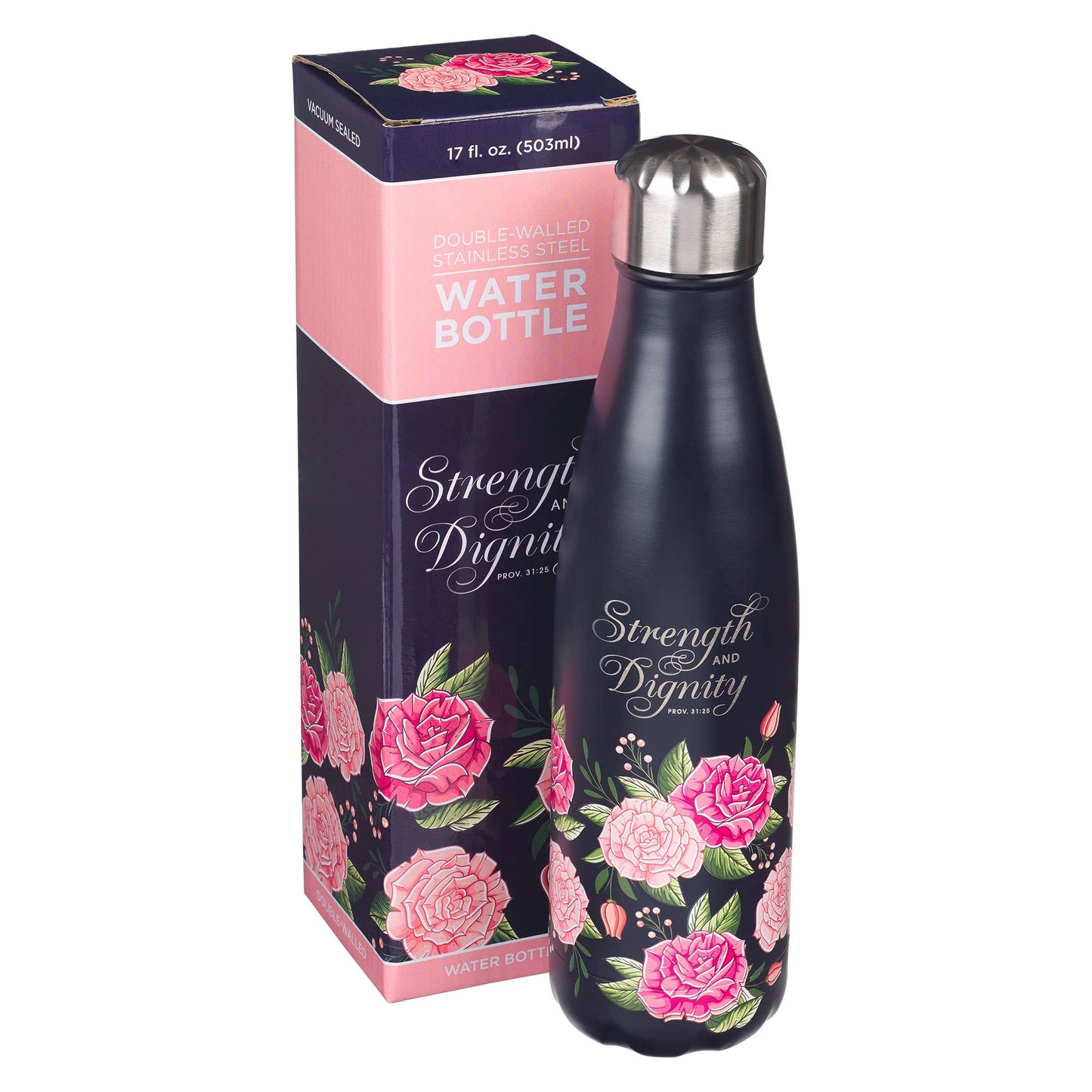 Water Bottle SS Navy Floral Strength & Dignity Prov. 31:25