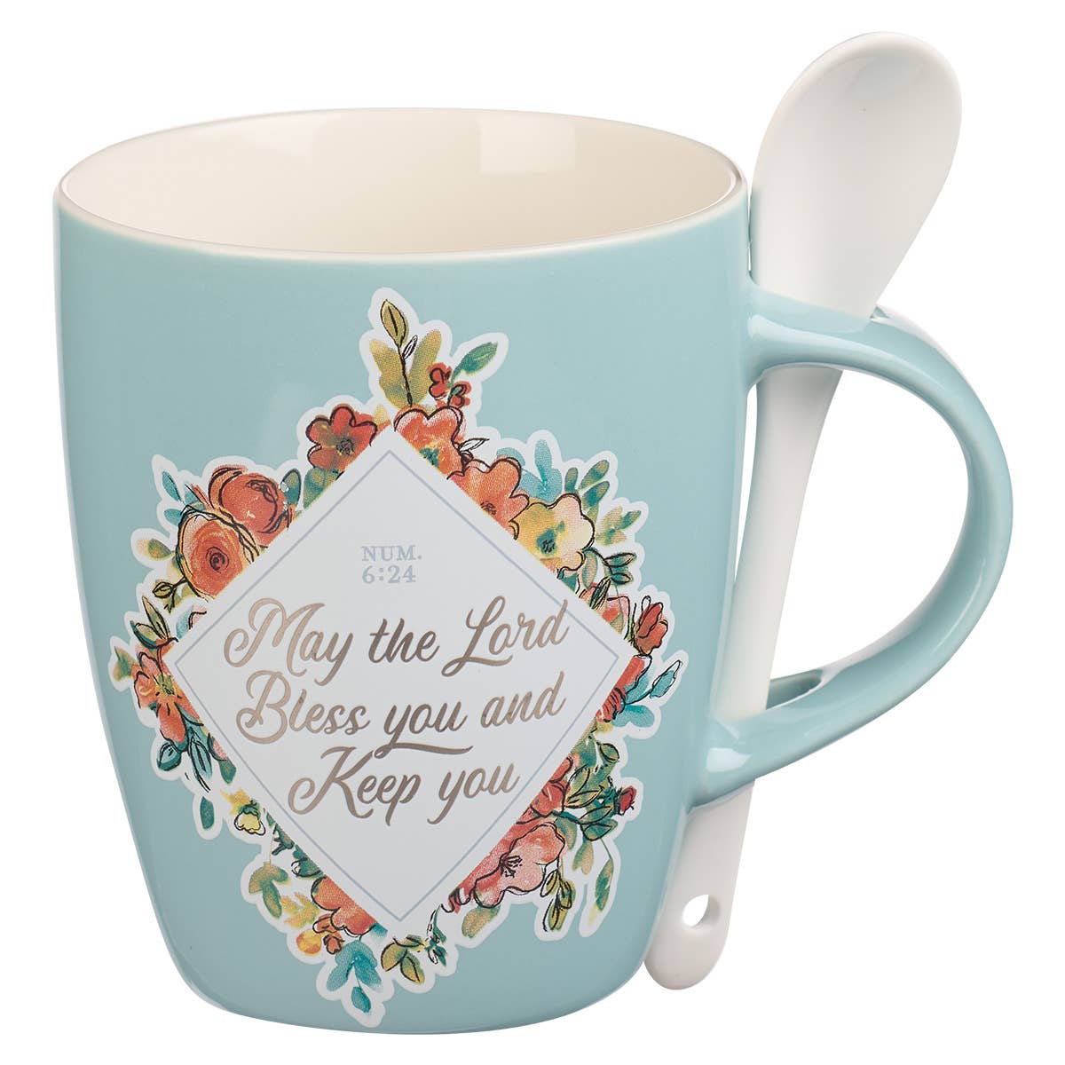 Bless You and Keep You Teal Ceramic Coffee Mug with Spoon -