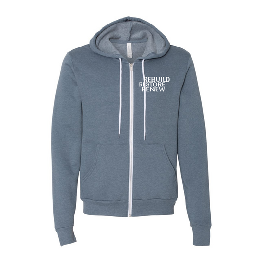 Rebuild Restore Renew- Heather Slate Unisex Sponge Fleece Full-Zip Hoodie