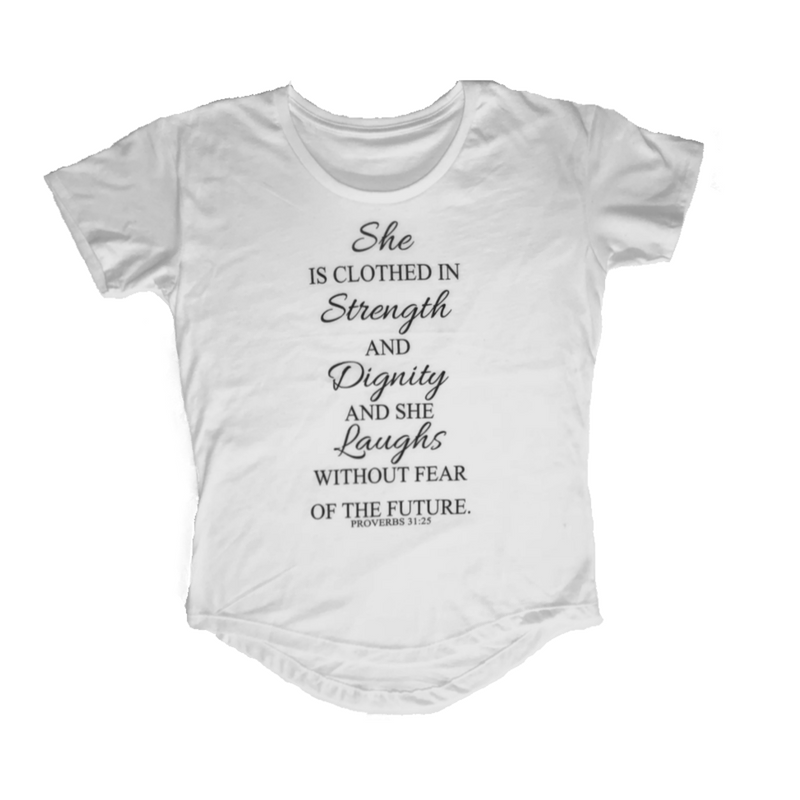 She is Clothed In....-White Melrose Ladies Tee
