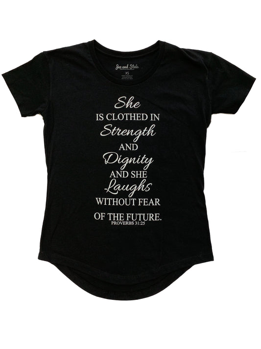 She is Clothed In....-Black Melrose Ladies Tee