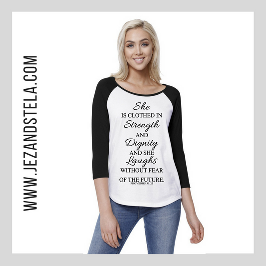 She Is... -Women's Black & White 3/4 Sleeve Raglan