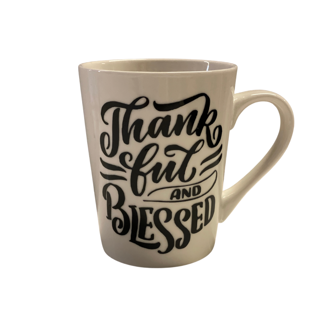 Thankful & Blessed - White Tapered Stoneware Mugs, 14 oz.
