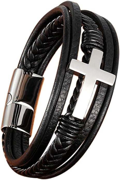 Men's Cross Multi-Layer Braided Leather Bracelet