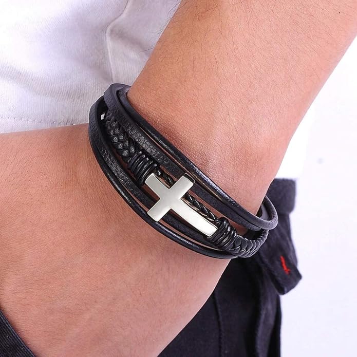 Men's Cross Multi-Layer Braided Leather Bracelet